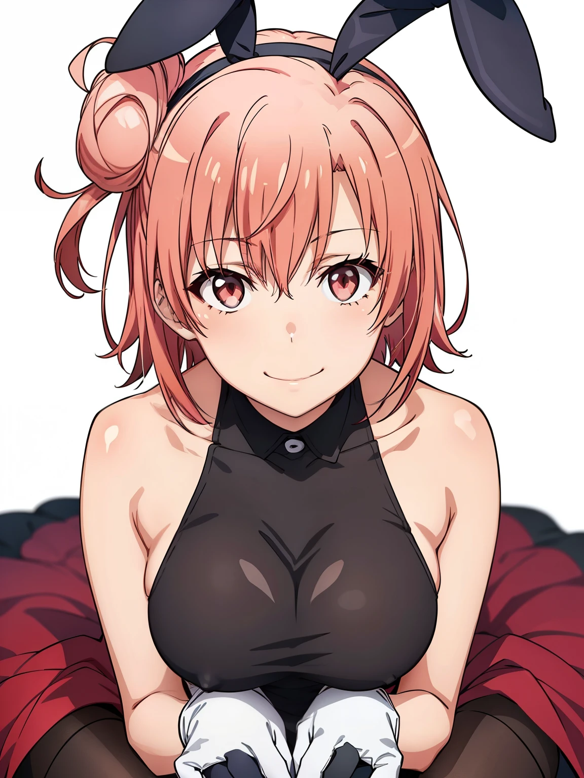 ((masutepiece, Best Quality, hight resolution, nffsw, Perfect Pixel, depth of fields, 4K, )), 1girl in, Solo, , Beautiful anime girl, Beautiful Art Style, close up, Looking at Viewer, Perfect body, Yuigahama Yui, Short hair, pink hair, hairbun, (large boob), black playboy bunny outfit, gloves, smile, hands on knees, blank white background, kneeling