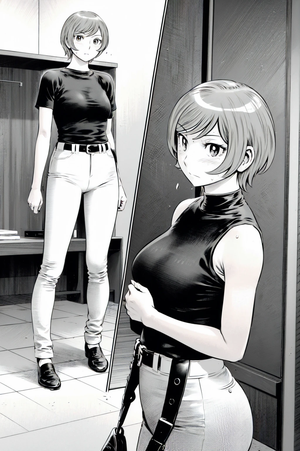 、(masterpiece、Highest quality)、Highest quality, Ultra-high resolution, (((masterpiece))), alone, Sweat、Big eyes,Tight black shirt、Tight white pants、belt、indoor、Composition from the front、(Cut the back hair short、short hair、blonde、woman)、Shortcuts、Embarrassed face、Cut your hair short、可愛いwomanの子、Big Breasts、office