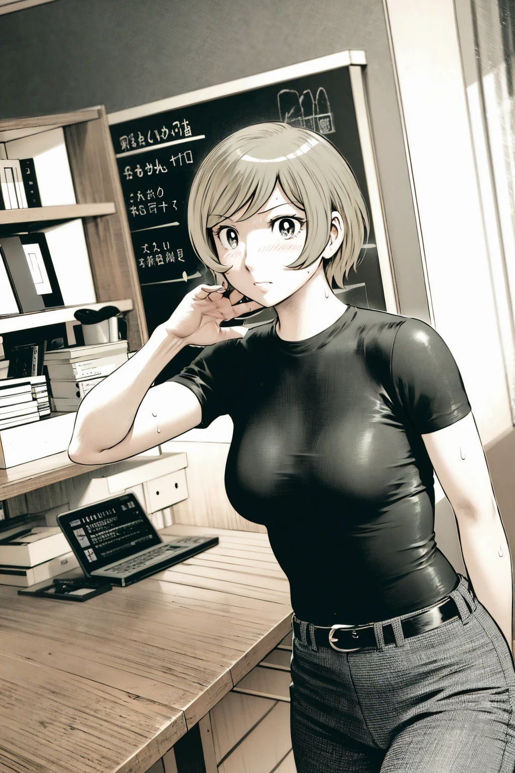 、(masterpiece、Highest quality)、Highest quality, Ultra-high resolution, (((masterpiece))), alone, Sweat、Big eyes,Tight black shirt、Tight white pants、belt、indoor、Composition from the front、(Cut the back hair short、short hair、blonde、woman)、Shortcuts、Embarrassed face、Cut your hair short、可愛いwomanの子、Big Breasts、office