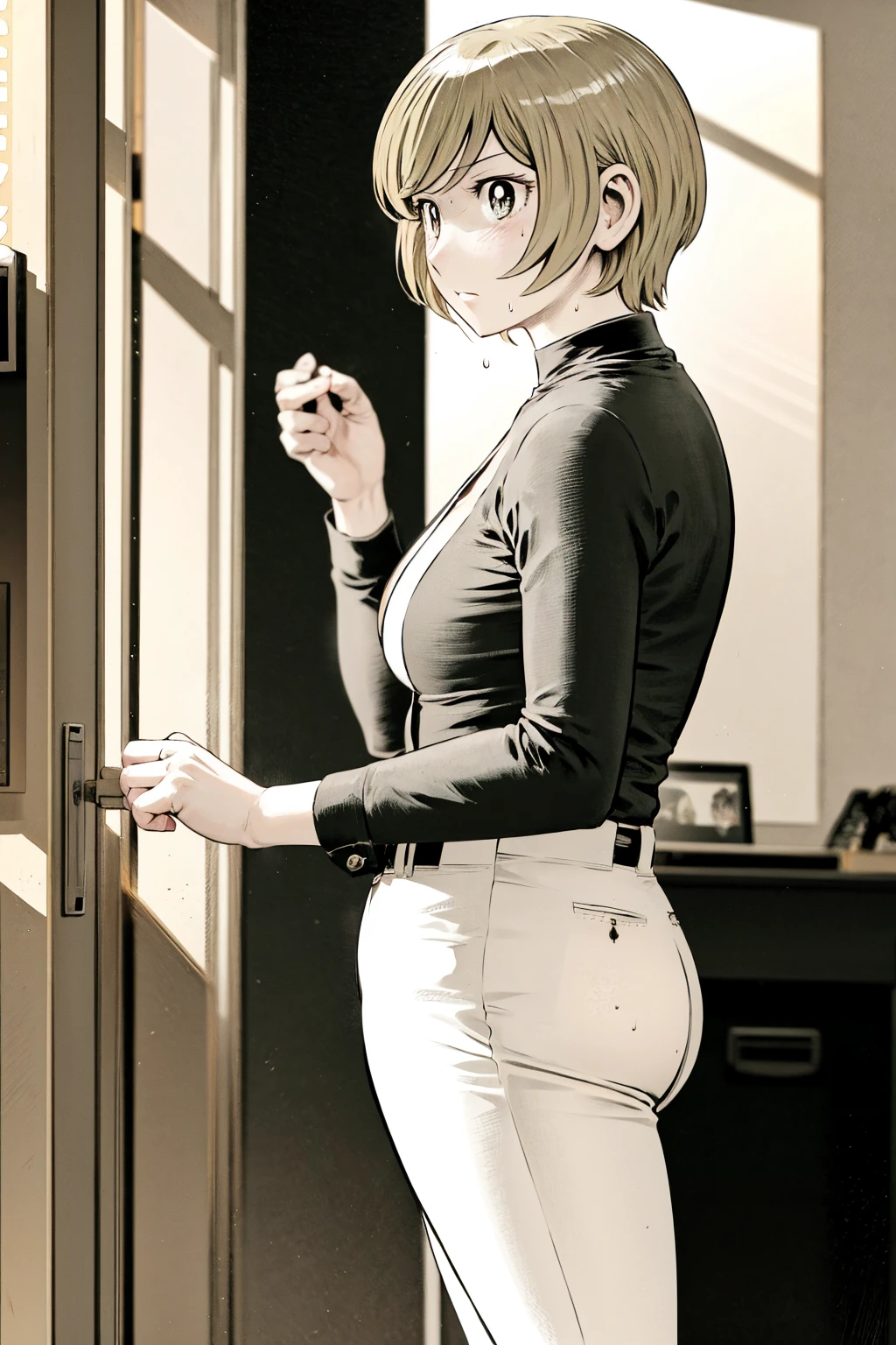 、(masterpiece、Highest quality)、Highest quality, Ultra-high resolution, (((masterpiece))), alone, Sweat、Big eyes,Tight black shirt、Tight white pants、belt、indoor、Composition from the front、(Cut the back hair short、short hair、blonde、woman)、Shortcuts、Embarrassed face、Cut your hair short、可愛いwomanの子、Big Breasts、office