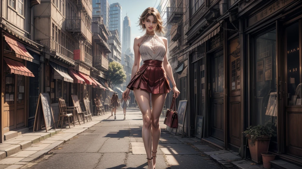 8k, Masterpiece, raw photo, best quality, Photorealistic, Extremely detailed CG unity 8k wallpaper, depth of field, cinematic light, lens flare, ray tracing, (Extremely beautiful face, beautiful lips, pretty eyes, beautiful and shapely legs with big calves), face with intricate details of perfection, ((ultra detailed skin)) 1 girl, walks on a street, followed by several men, pretty European girl, Idol, 1 girl, (very thin slender fit- muscled body:1.3), ((looking at viewer)), (big smile:1.3), (unbuttoned lace blouse, see-through blouse)), (short sleeveless), (Daylight Big buildings, tree, (blurred background) cityscape, men surrounding, beautiful earrings, Light eyes, (pale skin), (big eyes), Look forward, (Very short light brown hair), (looking at viewer:1.3), open chest, (very thin), (big breasts), (red platform shoes (high heels)), very short red miniskirt, full body shot, walking towards me, leather bag hanging from one shoulder,semi-realismo,