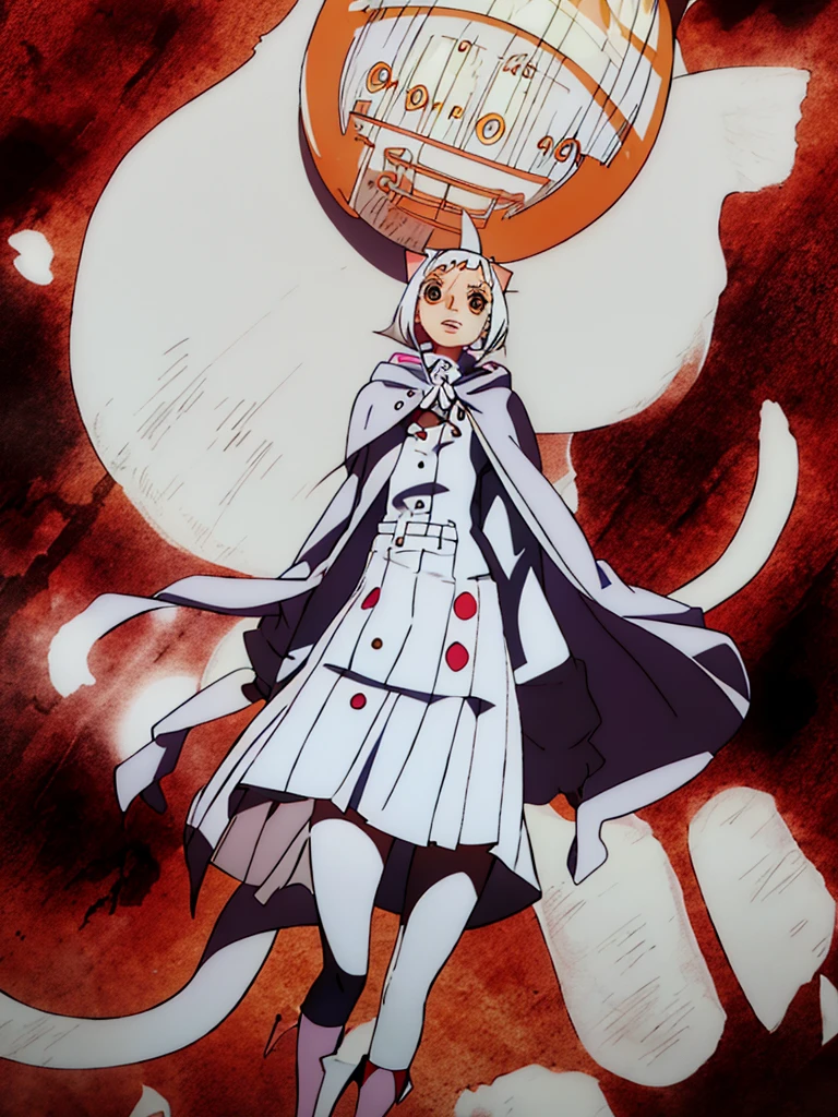 White silk knee socks,Short skirt,Boots,Lining,coat,White hair,A cat lady,,small headdress,White tone,pale blue tone,Pale pink tones,Standing