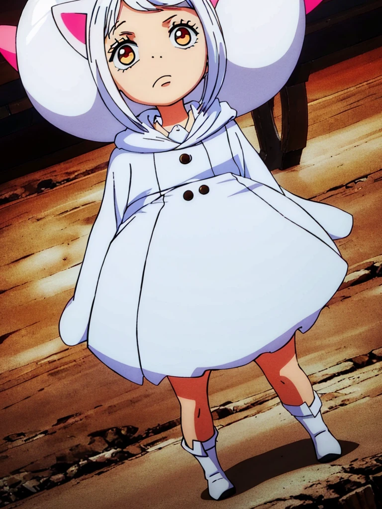 White silk knee socks,Short skirt,Boots,Lining,coat,White hair,A cat lady,Loli,small headdress,White tone,pale blue tone,Pale pink tones,Standing