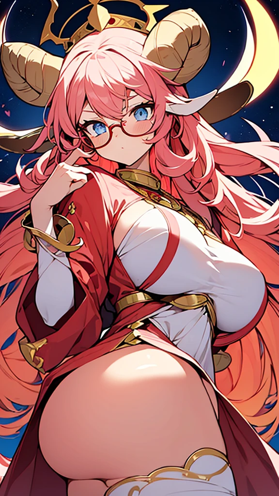 1goat woman, goat ears, golden horns, goat tail, long curly pink, red flowers crown, perfect eyes, blue eyes, glasses, serious face, golden necklace, long-sleeved pink tunic with white details, Red Bracelets, red sandals, red star-shaped scepter, big breasts, big ass, temple background