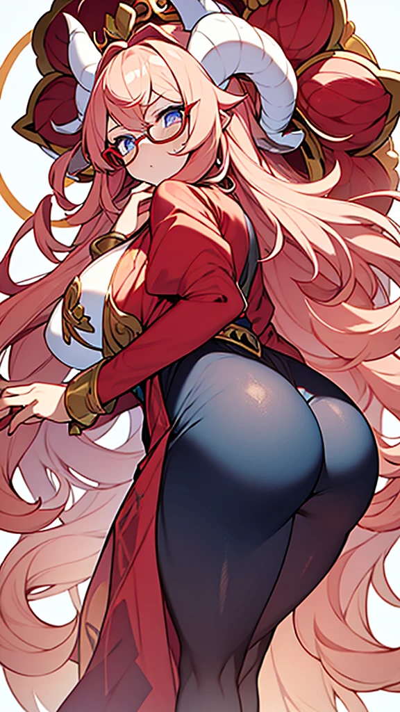 1goat woman, goat ears, golden horns, goat tail, long curly pink, red flowers crown, perfect eyes, blue eyes, glasses, serious face, golden necklace, long-sleeved pink tunic with white details, Red Bracelets, red sandals, red star-shaped scepter, big breasts, big ass, temple background