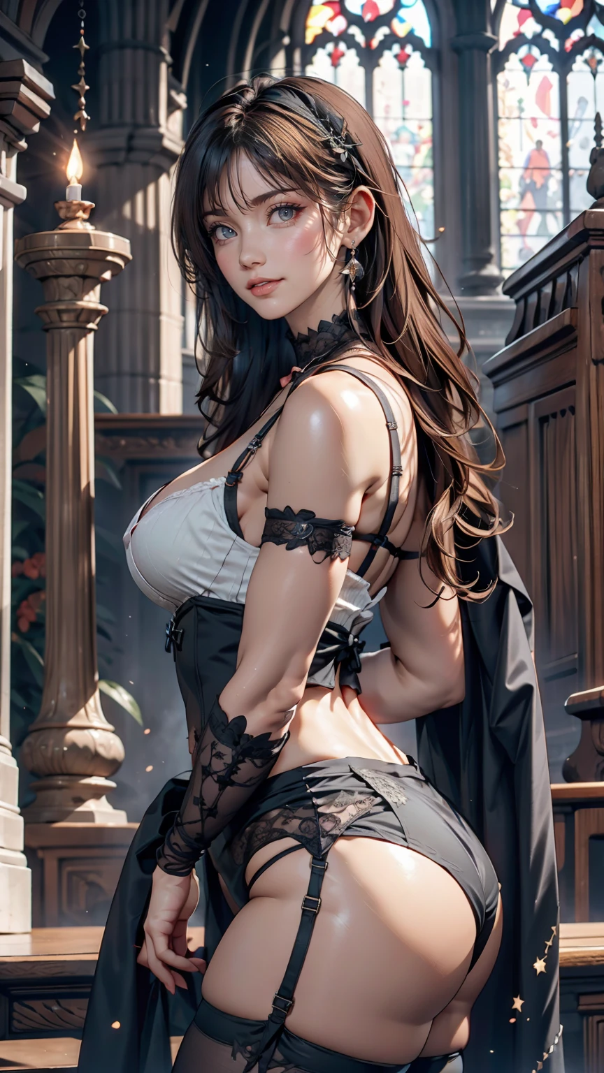 Highest quality, masterpiece, Ultra-high resolution, (reality: 1.9), (((Absolute full-length images,Front view))),Japan Maiden 、 ((Ultra-Realistic Details)) 、 Portraiture 、 Global Illumination 、 Shadow 、 Octane Rendering 、 In 8K 、 Ultra Sharp 、 ( Crimson leather corset and panties、garter belt)、 ((Bondage and Gothic ta)) 、Intricate decorative details 、 Cool colors 、 More about Gothic Loli Very intricate detail 、 Realistic Light 、 CG Trends、Sparkling eyes、To the camera、Small breasts、Full body upright position、The background is the cathedral