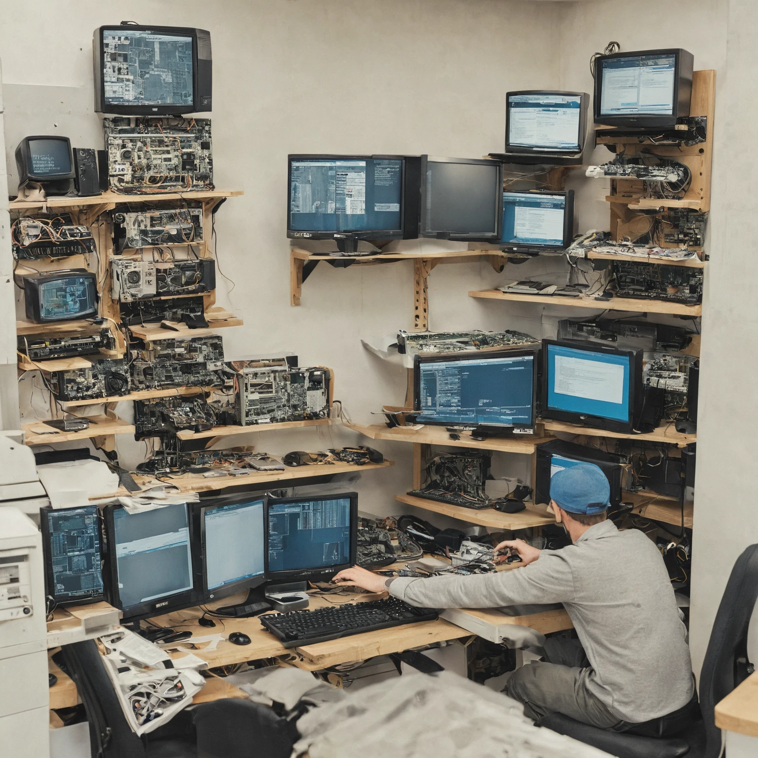 Create an image of a data analyst working on a computer with multiple screens, displaying complex graphics, dashboards and data visualizations. No fundo, there should be a wall of screens showing big data visualizations. The image should convey the idea of actionable insights and data-driven decisions.
