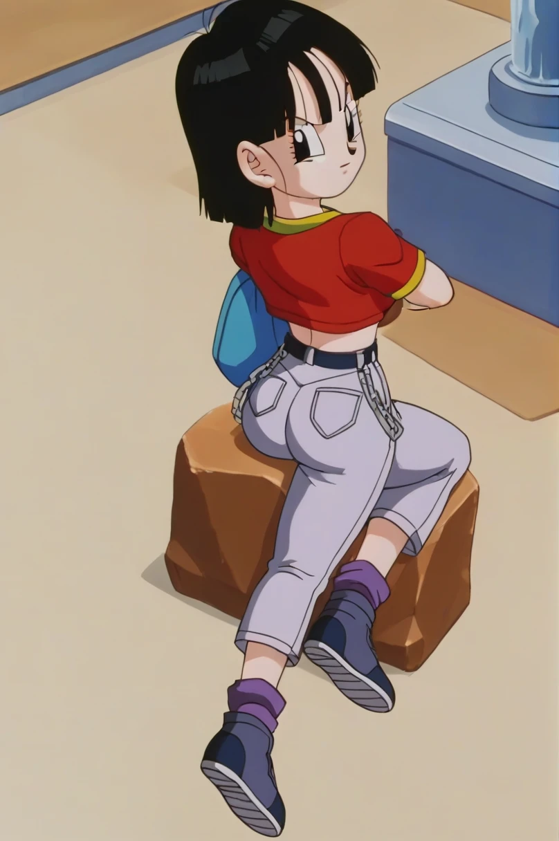 fountain_cheered up, score_9, score_8_above, score_7_above, cheered up screencap,8k, absurd resolution,
Pan \(Dragon Ball\), 1 girl, Alone, short hair, hits, black fur, session, whole body, black eyes, chain, crossed arms, crossed legs, denim, Red shirt, orange scarf, retro artStyle, female, Waist bag, purple tights, Shoe soles, v shaped eyebrows, from below, rock, diaphragm, clavicle, 1990s \(Style\),showing buttocks, sexy body, naked, NSFW, unclothed, medium breasts, mostrando medium breasts
