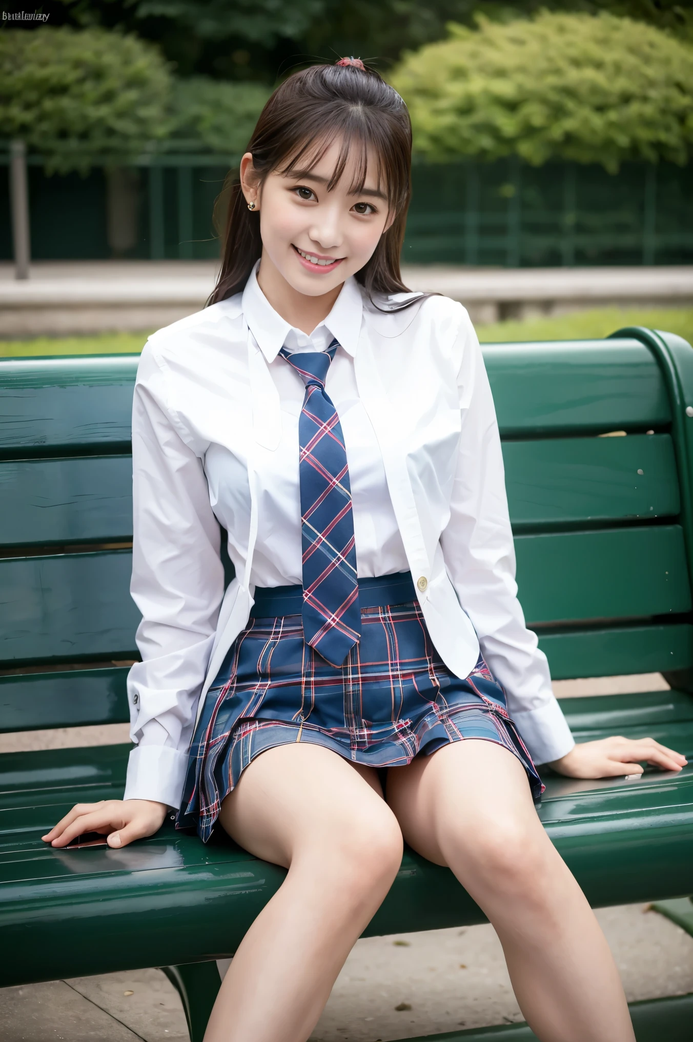 (8K), (highest quality: 1.2), (Realistic), (Realistic: 1.37), Ultra-high resolution, 1 girl, cute, (Embarrassed smile:1.2), (Blushing:1.4),Mouth closed, Beautiful details, Beautiful Nose, Wet Hair,bangs, giant dulcefo, pork, Thighs,Navel exposed,University Student Uniform,A simple blazer,Pleated skirt,(The skirt and tie are tartan check pattern.:1.3),Platform boots, (sitting on a park bench:1.2),(Shiny legs:1.2), medium shot