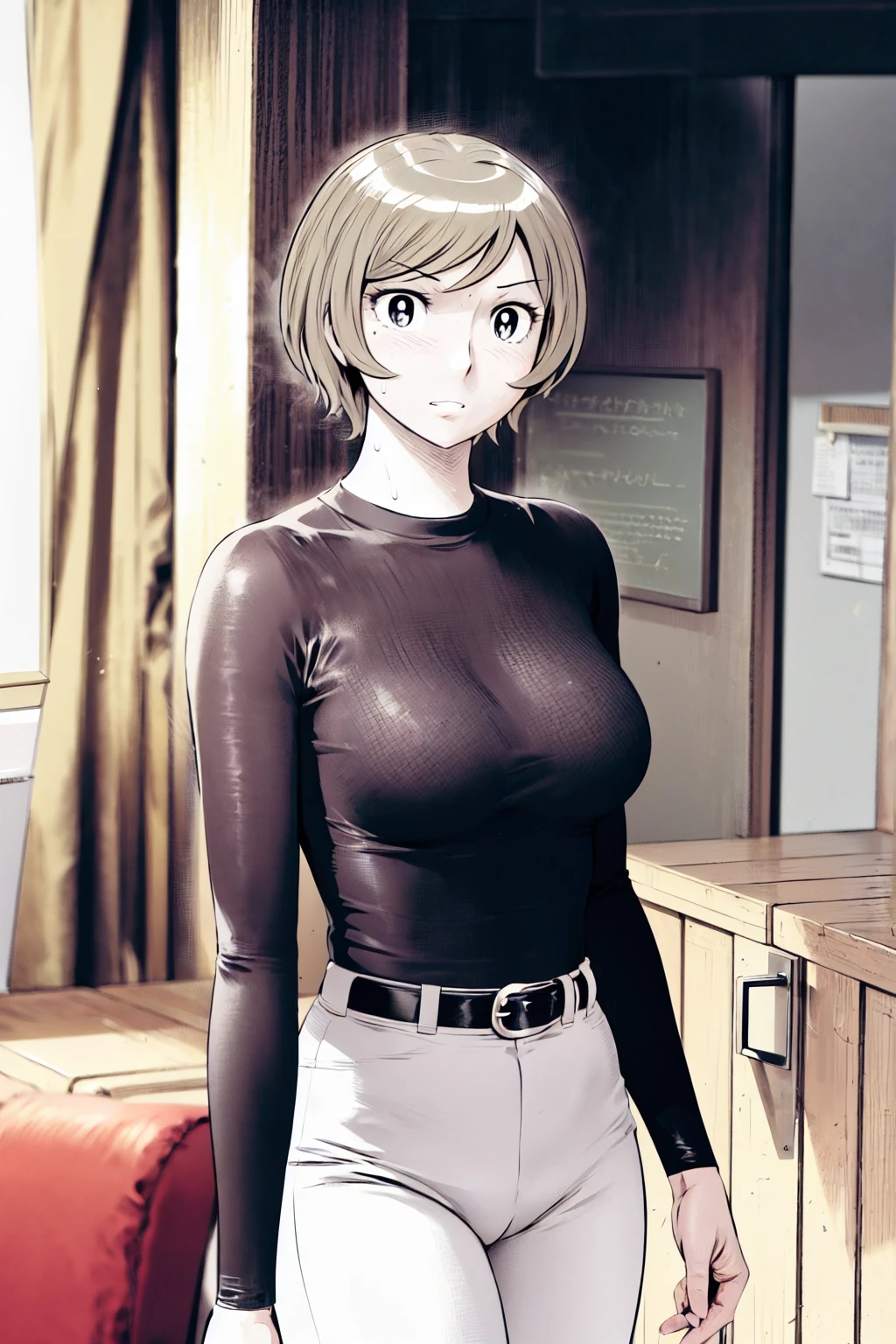 、(masterpiece、Highest quality)、Highest quality, Ultra-high resolution, (((masterpiece))), alone, Sweat、Big eyes,Tight black shirt、Tight white pants、belt、indoor、Composition from the front、（Cut the back hair short、short hair、blonde、woman）、Shortcuts、Embarrassed face、Cut your hair short、可愛いwomanの子、Big Breasts、office