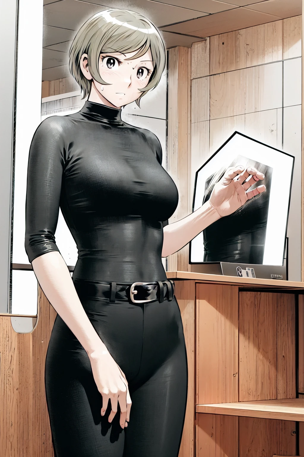 、(masterpiece、Highest quality)、Highest quality, Ultra-high resolution, (((masterpiece))), alone, Sweat、Big eyes,Tight black shirt、Tight white pants、belt、indoor、Composition from the front、(Cut the back hair short、short hair、blonde、woman)、Shortcuts、Embarrassed face、Cut your hair short、可愛いwomanの子、Big Breasts、office
