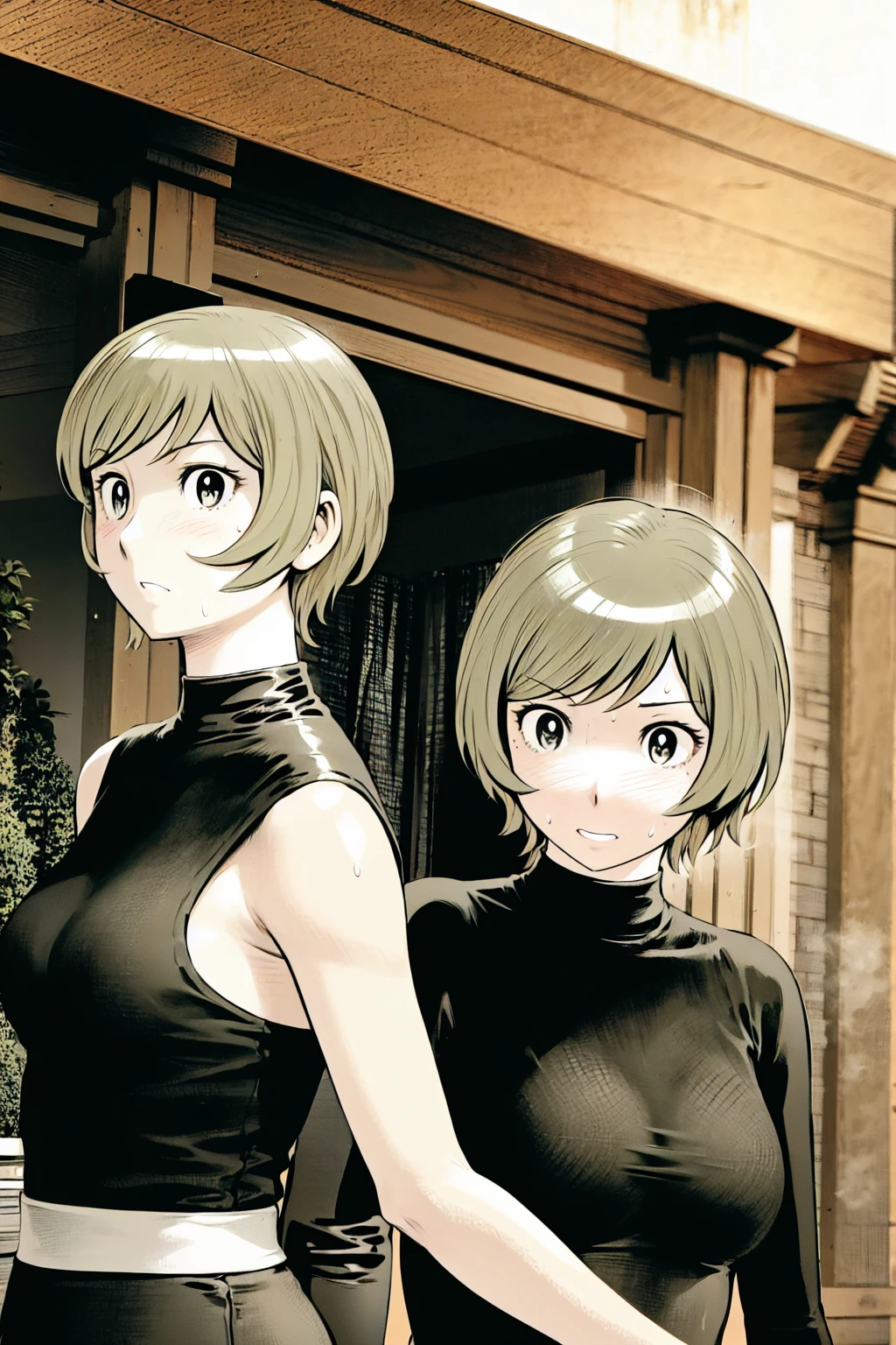 、(masterpiece、Highest quality)、Highest quality, Ultra-high resolution, (((masterpiece))), alone, Sweat、Big eyes, Sleeveless、Outdoor、Floral Dress、turtleneck、Tight clothing、skirt、Composition from the front、(後ろCut your hair short、short hair、blonde、woman)、Shortcuts、Embarrassed face、Cut your hair short、可愛いwomanの子、Big Breasts