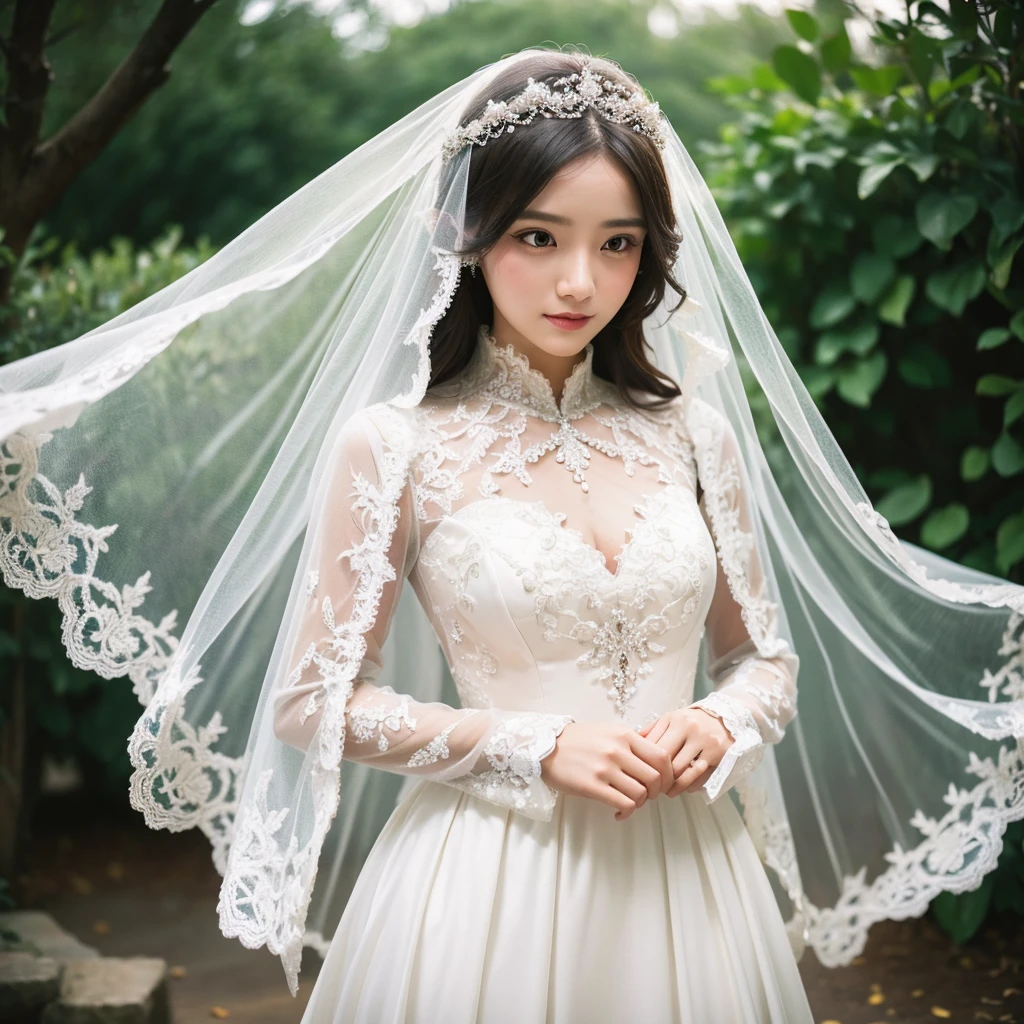 1 girl, wearing a long-sleeved wedding dress, veil covering her hair, wedding photography, pre wedding, unique concept, natural lighting, soft focus, ultra-detailed, intricate dress details, Ultra HD, 8k, best quality