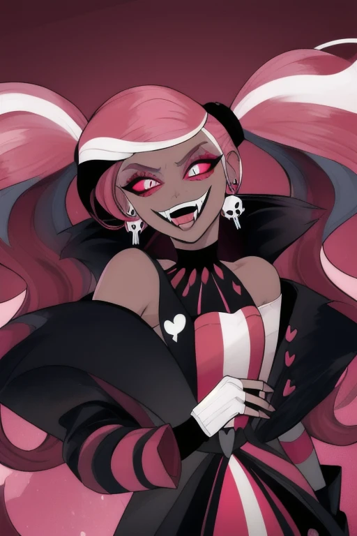 VelvetteHH, dark eyeshadow, white pupils, solo, girl1, red sclera, pink hair, two-tone hair, twintails, long hair, skull earrings, colored skin, dark skin, fangs, black jacket, bare shoulders, fingerless gloves, best quality, masterpiece 