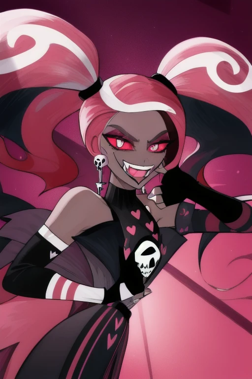 VelvetteHH, dark eyeshadow, white pupils, solo, girl1, red sclera, pink hair, two-tone hair, twintails, long hair, skull earrings, colored skin, dark skin, fangs, black jacket, bare shoulders, fingerless gloves, best quality, masterpiece 