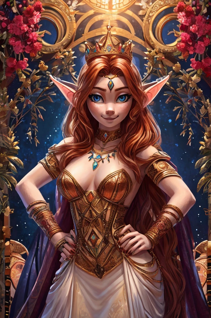 Steampunk inspired elven princess. copper wire necklaces and bangles. Crown of fine copper wire. copper coloured tatoos cover her face and body intricate and beautiful designs. LArge pointed ears that end in curlicues. Hands on hips. Ember colored eyes adorned with intricate copper wireing. a Pure white dress, hemmed with copper, covered in copper lace and filligree. cppper designs cover the skirt in a kaleidoscope of intricate copper designs. Background is magical verdant forrest. Her visage is a mesmerizing blend of Alison-Brie, Scarlett-Johansson, and Laura Vandervoort, creating a unique, symmetrical face that exudes elegance and grace. Copper colores face tattoos. Copper colored are, and chest tatoos. Cozy, romantic lighting. Cheerful smile. Copper hair that shimmers and sparkles in the lights. Hourglass figure.