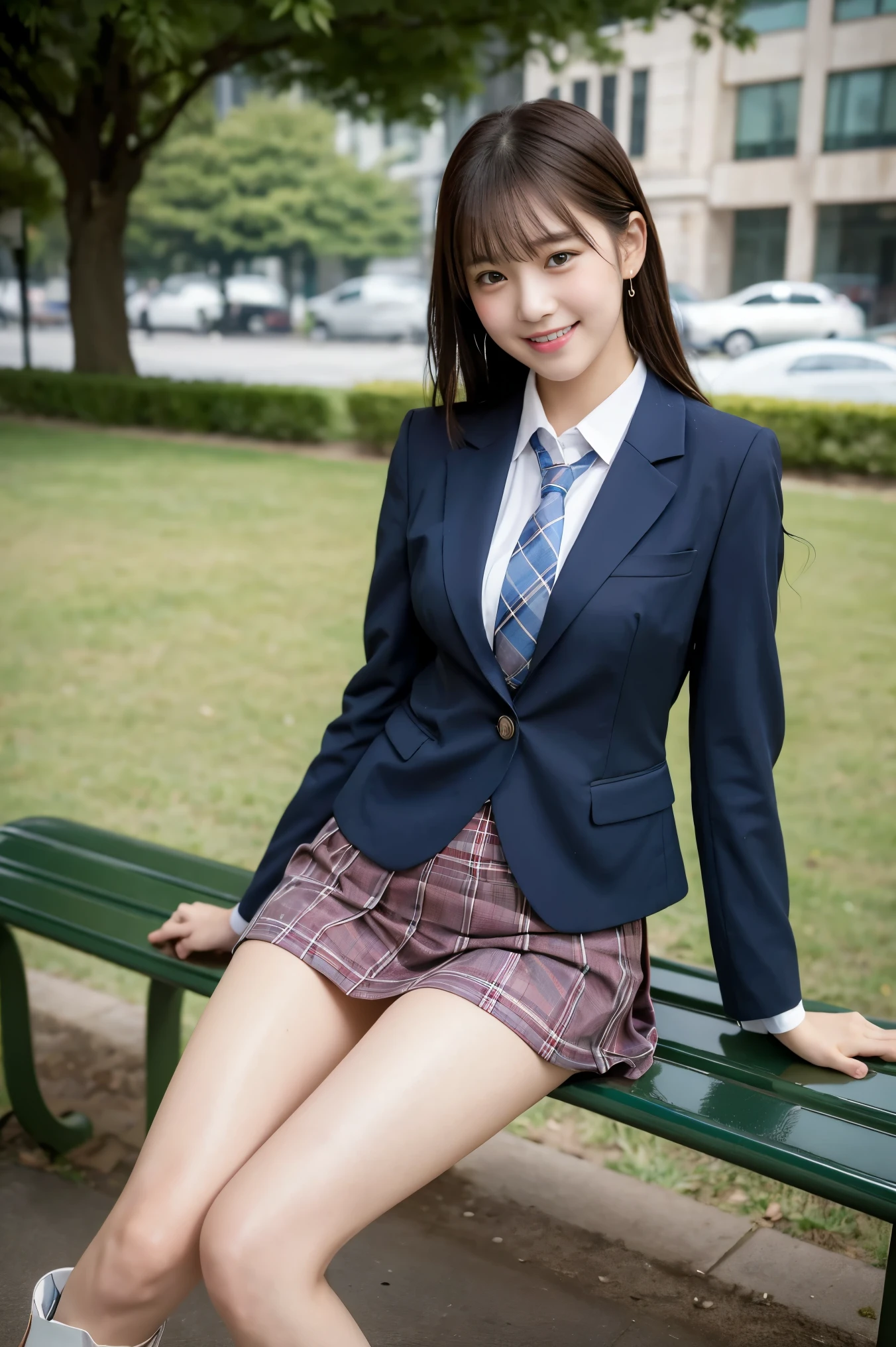 (8K), (highest quality: 1.2), (Realistic), (Realistic: 1.37), Ultra-high resolution, 1 girl, cute, (Embarrassed smile:1.2), (Blushing:1.4),Mouth closed, Beautiful details, Beautiful Nose, Wet Hair,bangs, giant dulcefo, pork, Thighs,Navel exposed,University Student Uniform,A simple blazer,Pleated skirt,(The skirt and tie are tartan check pattern.:1.3),Platform boots, (sitting on a park bench:1.2),(Shiny legs:1.2), medium shot 