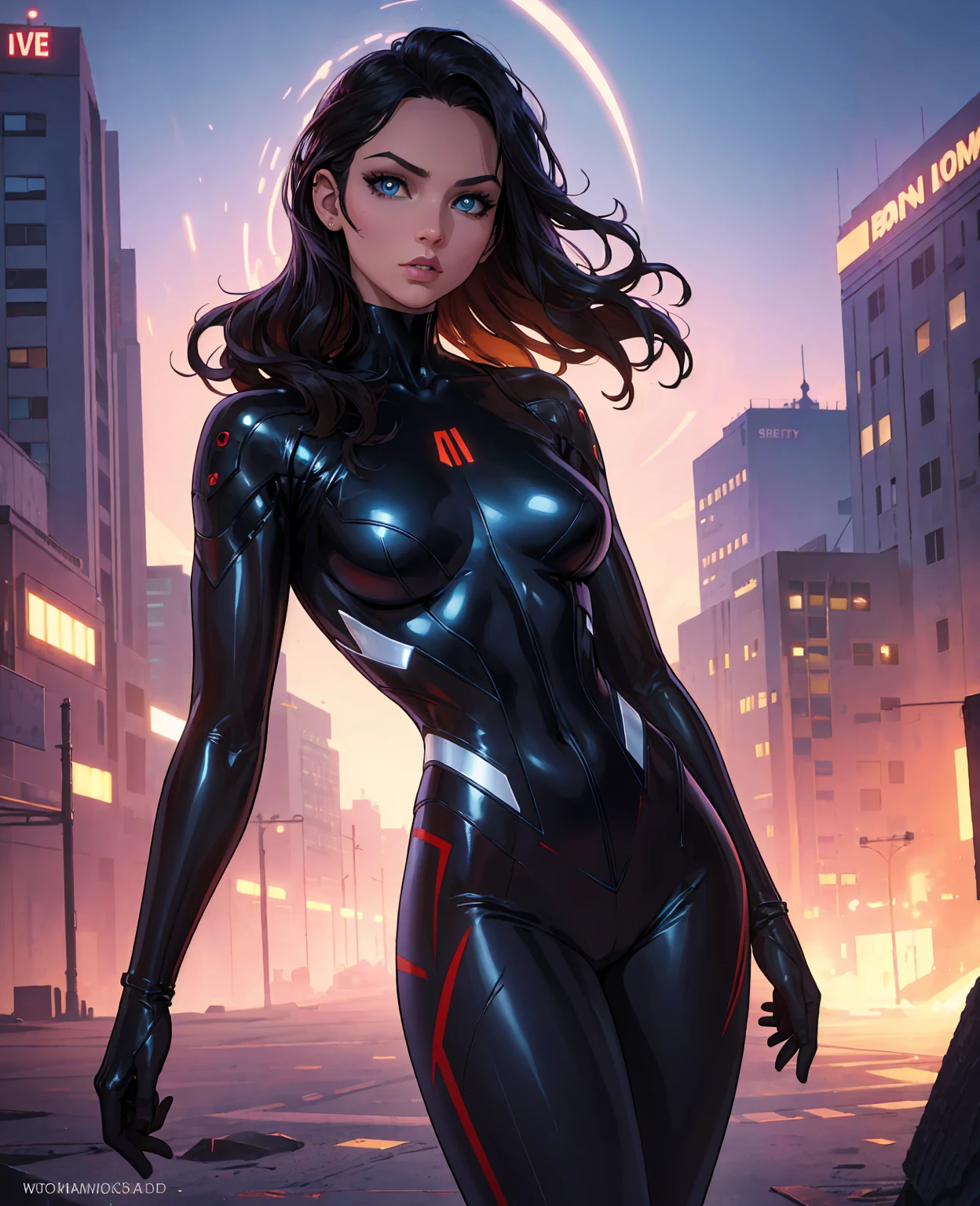 A superhero with telekinetic powers, highly detailed face, piercing eyes, medium long hair, wearing a sleek bodysuit, mid-air, dramatic pose, glowing energy aura, cinematic lighting, vibrant colors, technologically advanced city background, (best quality,8k,highres,masterpiece:1.2),ultra-detailed,(realistic,photorealistic,photo-realistic:1.37),cinematic,hyper detailed,digital painting