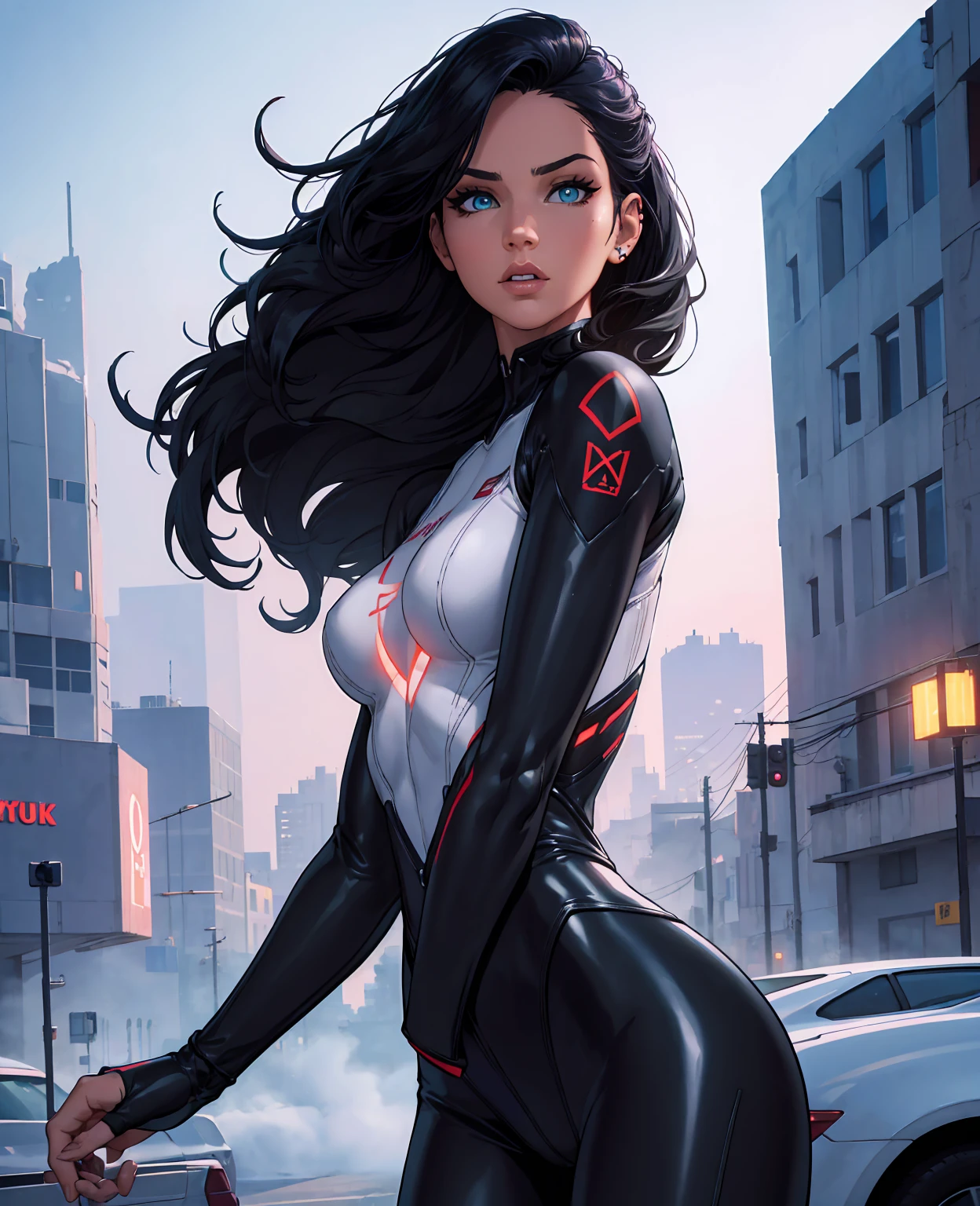 highest quality、8K masterpiece、超A high resolution、(Realistic:1.3)、RAW Photos、Girl 1、Denim pants、No bra、Silver charm on the ankle、Black boots、Super long straight black hair、Long Hair、Hair blowing in the wind、Glowing Skin、1. Cyberpunk Bike Rider、((Ultra-Realistic Details))、Portraiture、Global Illumination、Shadow、Octane Rendering、8k、Ultra Sharp、Beautiful breasts、Cool colors、darkness、Very intricate details、Realistic Light、CGSoation Trend、Beautiful Eyes、Shining Eyes、To the camera、Neon Details、20Year、Such a beautiful face、Intelligence、Obscene、sexy、smile、whole body、Healthy Body、Manhattan at night in the background、Helipad on a high-rise building、like、charm、いたずらっぽいsexyな、Place your hand on your chest、Make the background more vivid、future、Toe angle、Whiter skin、Standing posture、More realistic facial features、retrospective exhibition、Wide Shot、whole body、More realistic Japanese faces、Panoramic view of the building、wild、