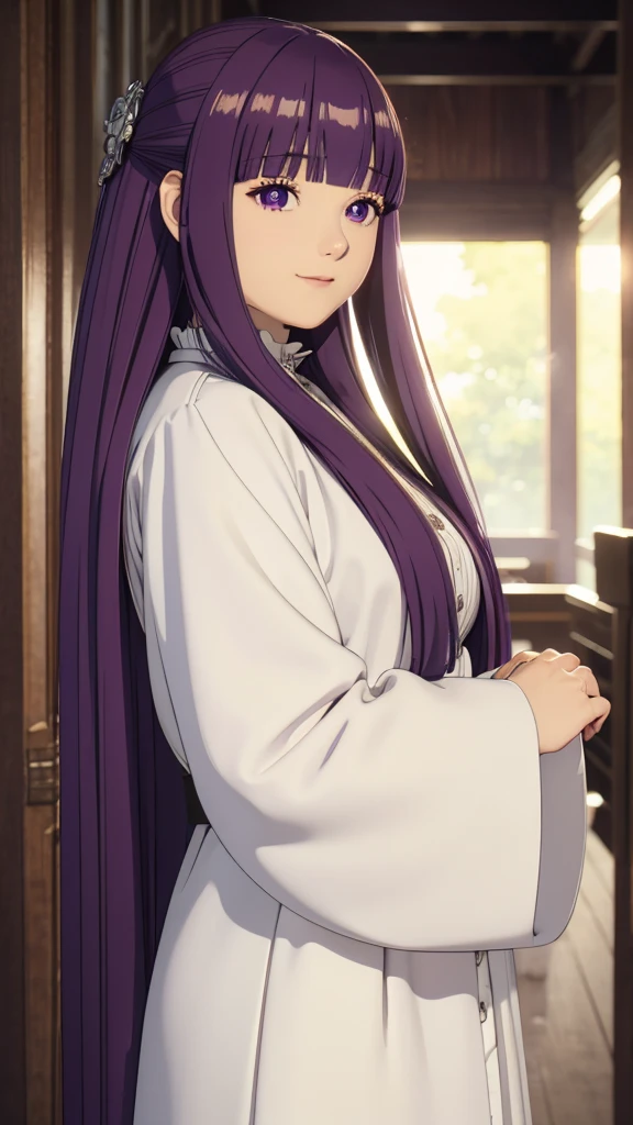 è²ä¼¦,1girl,solo,purple hair,long hair,purple eyes,blunt bangs,sidelocks,half updo,bright pupils, hair ornament,frilled collar,black robe,white dress,center frills,buttons,wide sleeves,long sleeves,curvy,cowboy shot,brown coat,from side,smile,, Exquisite visuals, high-definition,masterpiece,best quality,, 20yo,Young female,Beautiful Finger,Beautiful long legs,Beautiful body,Beautiful Nose,Beautiful character design, perfect eyes, perfect face,expressive eyes, looking at viewer, official art,extremely detailed CG unity 8k wallpaper, perfect lighting,Colorful, Bright_Front_face_Lighting,shiny skin, (masterpiece:1.0),(best_quality:1.0), ultra high res,4K,ultra-detailed, photography, 8K, HDR, highres, absurdres:1.2, Kodak portra 400, film grain, blurry background, bokeh:1.2, lens flare, (vibrant_color:1.2), (beautiful_face:1.5),(narrow_waist), 