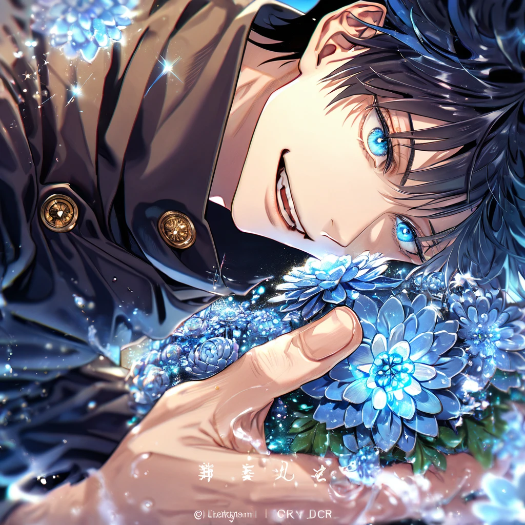 absurdres, highres, ultra detailed, HDR, master piece, best quality, extremely detailed, Fushiguro Megumi, black hair, expressive blue eyes, Jujutsu Kaisen, solo, sexy man, handsome, handsome smile, black uniform, fantasy, water, sparkling, blue glittering fireflies, blue moon, blue blossoms, blue chrysanthemums, blue sparkling lights, starry sky