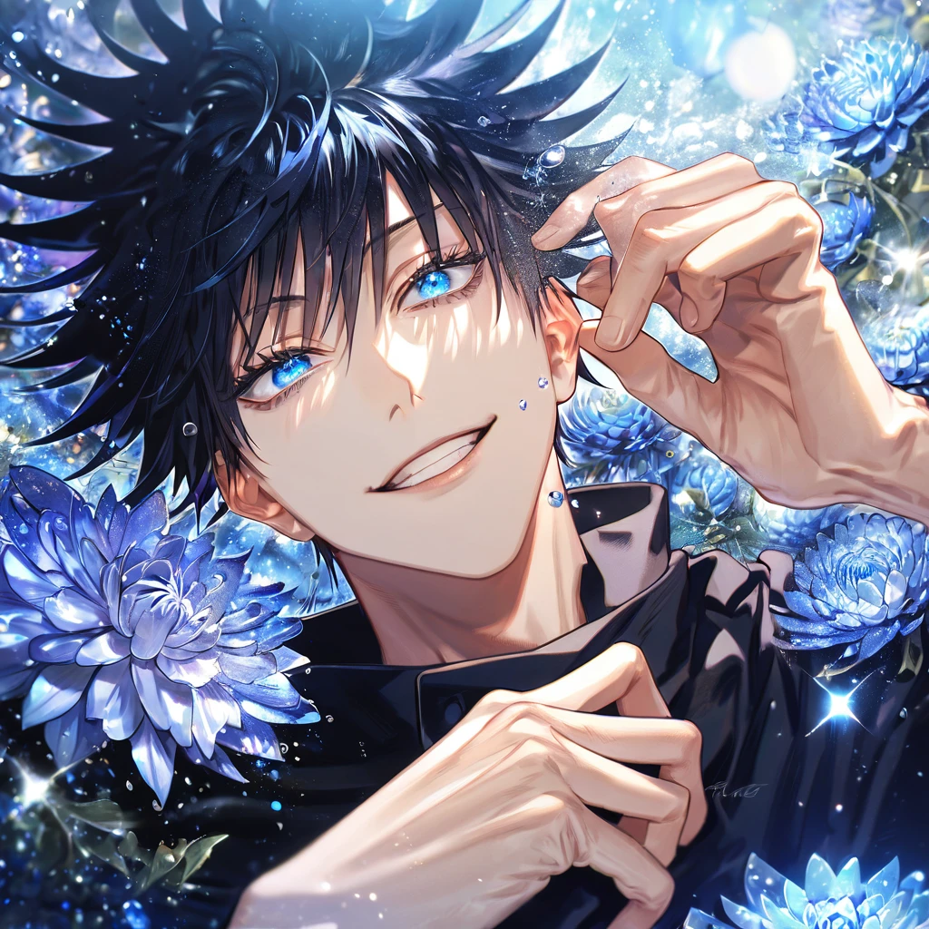 absurdres, highres, ultra detailed, HDR, master piece, best quality, extremely detailed, Fushiguro Megumi, black hair, expressive blue eyes, Jujutsu Kaisen, solo, sexy man, handsome, handsome smile, black uniform, fantasy, water, sparkling, blue glittering fireflies, blue moon, blue blossoms, blue chrysanthemums, blue sparkling lights, starry sky