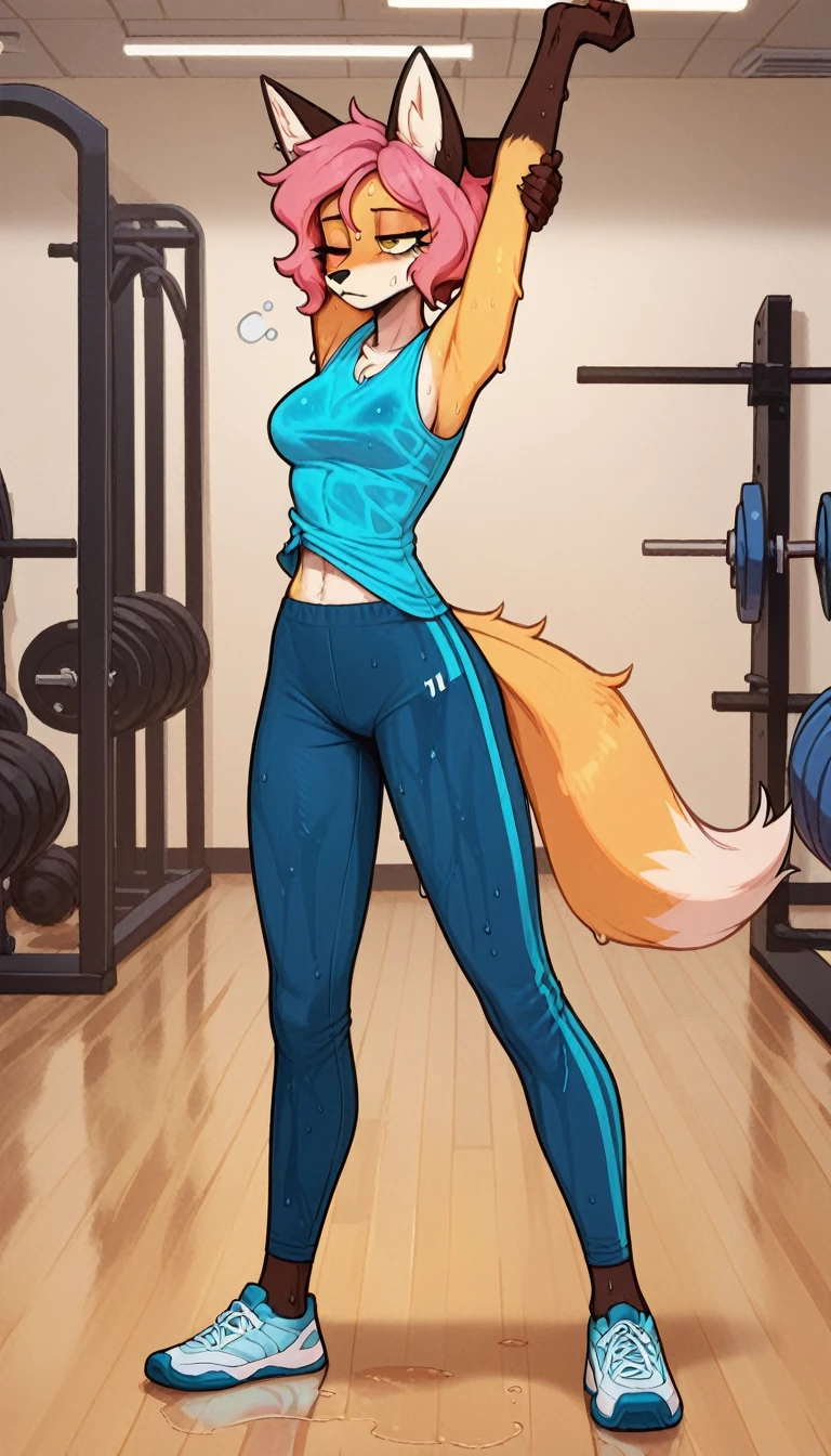 Half-closed eyes, tired expression, 1girl, anthro, furry, fur, fluffy fur, fox girl, thight sport pants, blue pants, gym background, pink hair, yellow eyes, blue sleeveless shirt, sport shirt, short hair, full body, (19 years), medium breast, solo, (gym), one closed eye, sweating, vapor, heat, detailed, (tired), thighs, stretching, standing, wet shirt, wet pants, score_9, score_8_up, score_7_up, score_6_up, score_5_up, score_4_up