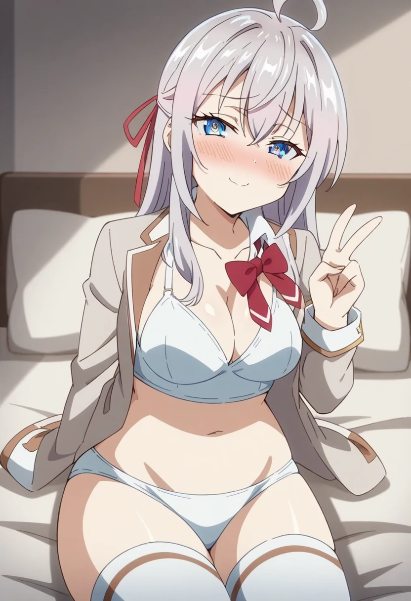 anime art style, 2d, masterpiece, best quality, very aesthetic, absurdres, dynamic shadows, atmosferic, alisa_mikhailovna, (1girl), (grey hair), long hair, blue eyes, detailed eyes, ahoge, hair between eyes, bangs, medium breasts, curvy body, makeup, ((intense blush)), cleavage, collarbone, grey jacket, open clothes, white bra, white panties, red bowtie, loose bowtie, red hair ribbon, white thighhighs, (sexy smile), (cowboy shot), lying, looking at viewer, on bed, shy, v