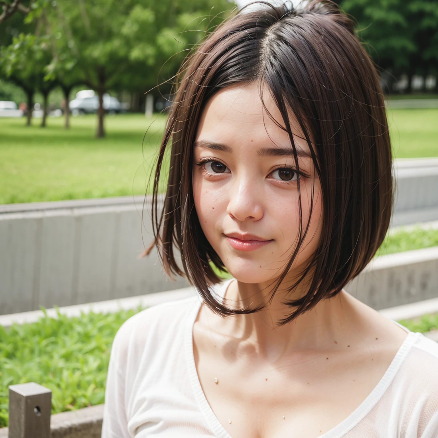 4k, Top quality, 1 beautiful woman, super short Hair, at park, rain, shy smile, hang umblera