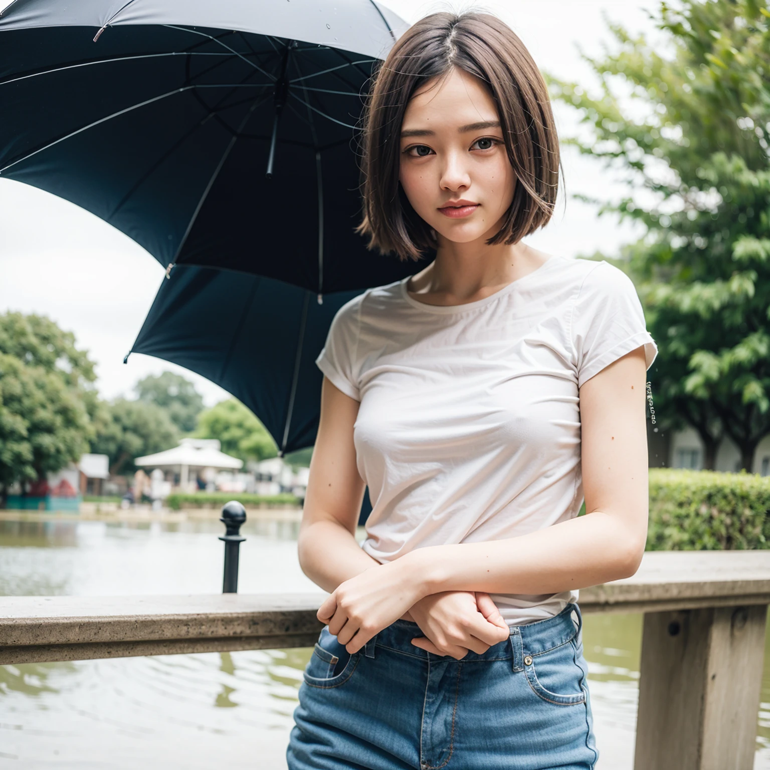 4k, Top quality, 1 beautiful woman, super short Hair, at park, rain, shy smile, hang umblera