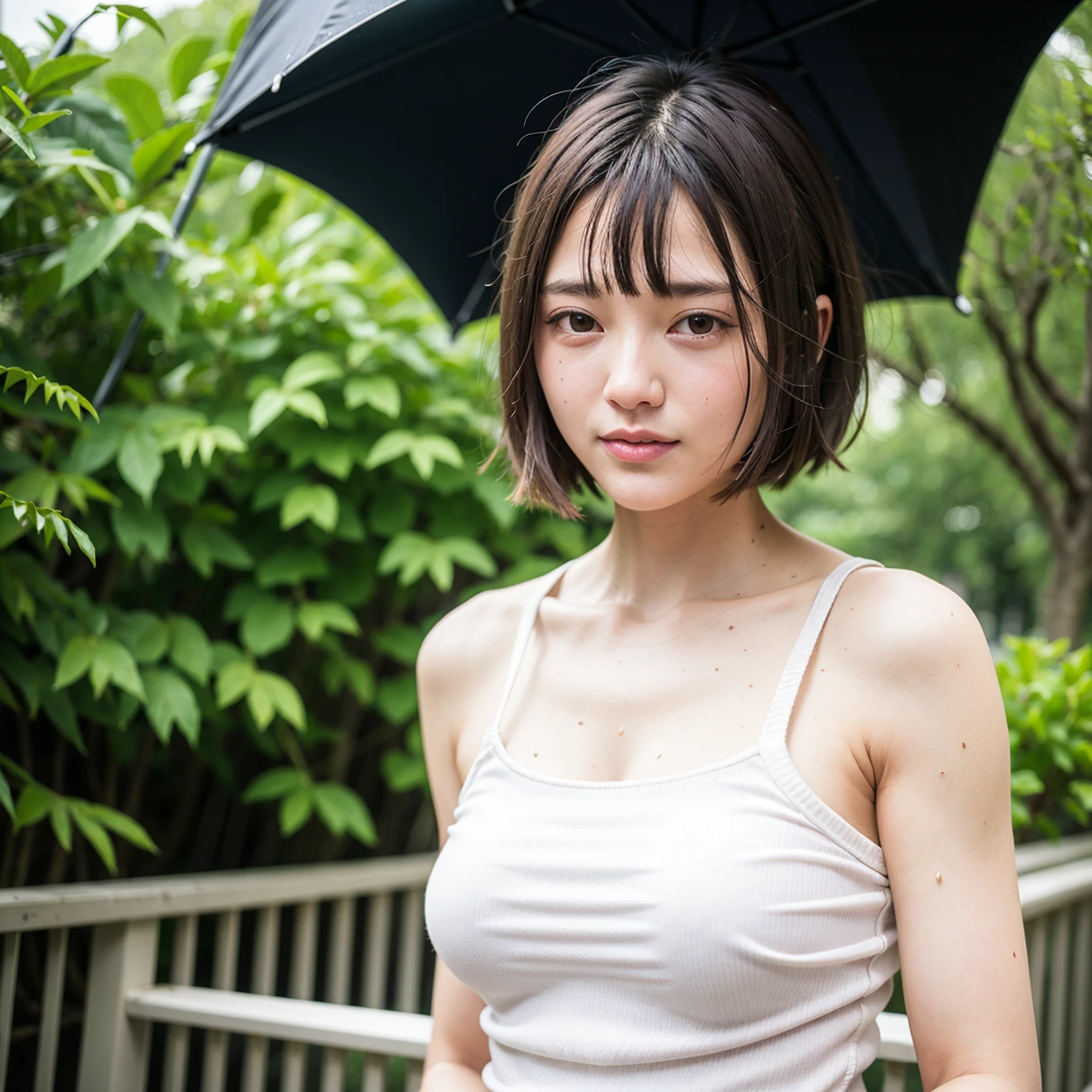 4k, Top quality, 1 beautiful woman, super short Hair, at park, rain, shy smile, hang umblera