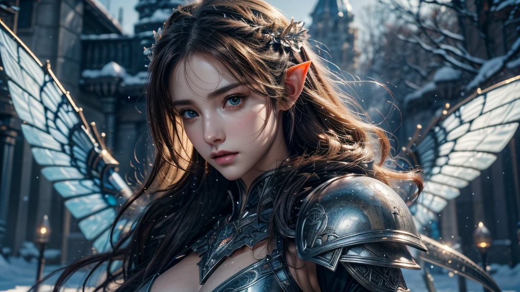 Close-up of woman holding sword and armor, Armor Girl, 2. 5D CGI anime fantasy artwork, Large Breasts，Epic fantasy digital art style, detailed Digital 2D fantasy art, Digital 2D fantasy art, original photo, (best quality:1.3), high resolution, (masterpiece), (lifelike:1.4), Professional photography, Clear focus, High Dynamic Range, 8k resolution, Intricate details, Fine details, Depth of Field, Extremely detailed CG unified 8k wallpaper, masterpiece，poster，best quality，Official Art，（Beauty and aesthetics：1.2），（masterpiece：1.3），Female Elf，individual，Light Leather Armor，complex pattern，snow，castle，Medium distance photography，（early morning），dramatic，Glowing Wings，