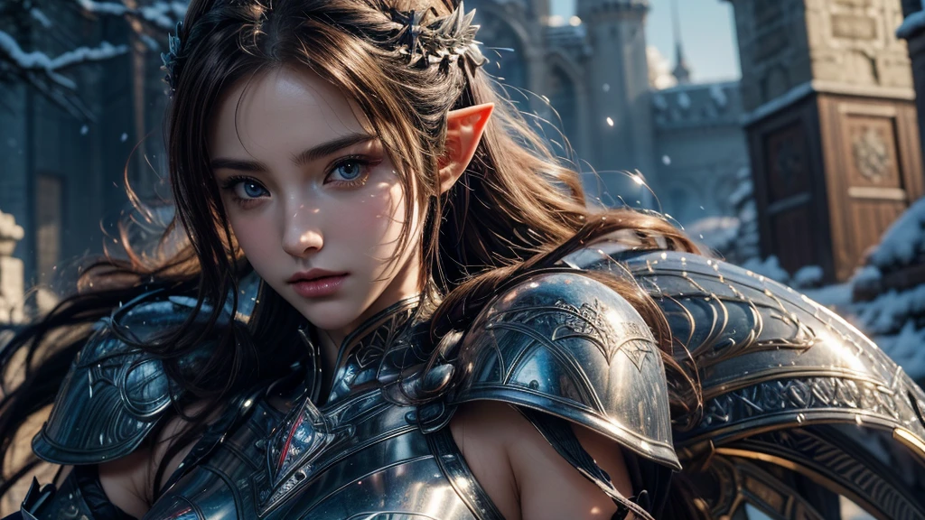 Close-up of woman holding sword and armor, Armor Girl, 2. 5D CGI anime fantasy artwork, Large Breasts，Epic fantasy digital art style, detailed Digital 2D fantasy art, Digital 2D fantasy art, original photo, (best quality:1.3), high resolution, (masterpiece), (lifelike:1.4), Professional photography, Clear focus, High Dynamic Range, 8k resolution, Intricate details, Fine details, Depth of Field, Extremely detailed CG unified 8k wallpaper, masterpiece，poster，best quality，Official Art，（Beauty and aesthetics：1.2），（masterpiece：1.3），Female Elf，individual，Light Leather Armor，complex pattern，snow，castle，Medium distance photography，（early morning），dramatic，Glowing Wings，