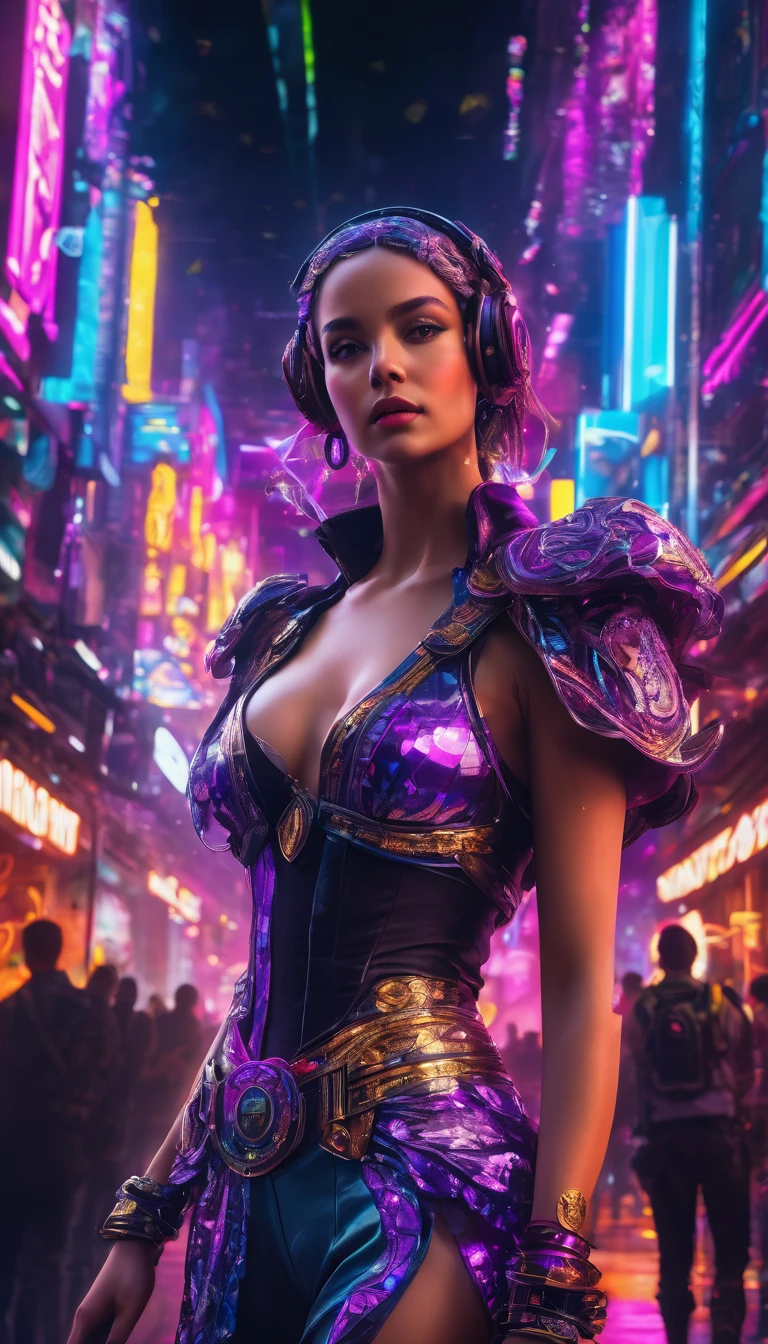 (masterpiece, best quality), 1lady, solo, masterpiece, artstation, dynamic, charming, magical, unreal engine, fantastically beautiful, illustration, dramatic lighting, rave background, neon glow, maximalist