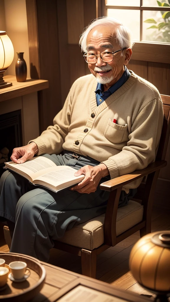 An old Asian man, about sixty years old, smiling appearance, eyes looking straight at the camera. he is sitting reading a book. in a cozy room with a fireplace behind it and a large glass window behind it is a beautiful golden mini moon, comic style, 4k rendering, UHD, acetate.