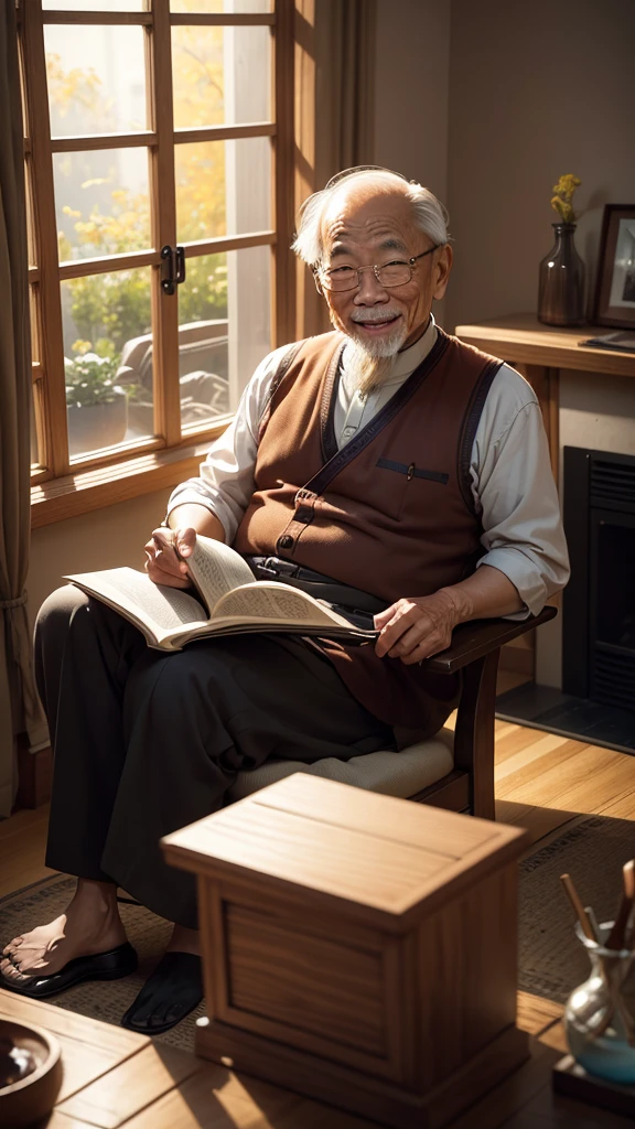 An old Asian man, about sixty years old, smiling appearance, eyes looking straight at the camera. he is sitting reading a book. in a cozy room with a fireplace behind it and a large glass window behind it is a beautiful golden mini moon, comic style, 4k rendering, UHD, acetate.