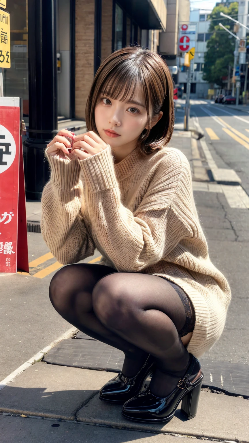 Photo taken by a professional photographer,Close-up of a woman squatting on the sidewalk with her legs crossed, kiko mizuhara, wearing a sweater, Shirahime cut brown hair, wearing a sweater, young and cute girl, japanese model, 白いwearing a sweater, Chiho, ランダムカラーのカジュアルなwearing a sweater,Cute ide waves with short hair, a cute young woman, cute young woman, black pantyhose,black tights,black high heels,