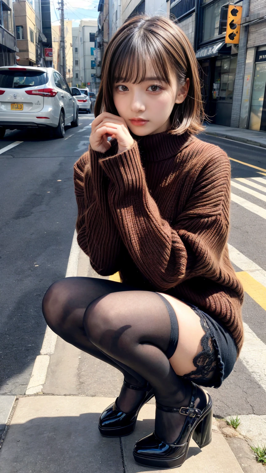 Photo taken by a professional photographer,Close-up of a woman squatting on the sidewalk with her legs crossed, kiko mizuhara, wearing a sweater, Shirahime cut brown hair, wearing a sweater, young and cute girl, japanese model, 白いwearing a sweater, Chiho, ランダムカラーのカジュアルなwearing a sweater,Cute ide waves with short hair, a cute young woman, cute young woman, black pantyhose,black tights,black high heels,