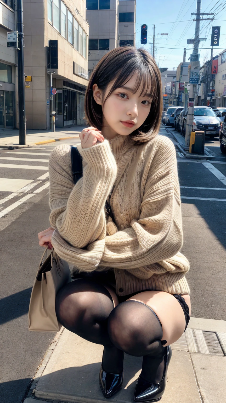Photo taken by a professional photographer，Close-up of a woman squatting on the sidewalk with her legs crossed, kiko mizuhara, wearing a sweater, Shirahime cut brown hair, wearing a sweater, young and cute girl, japanese model, 白いwearing a sweater, Chiho, ランダムカラーのカジュアルなwearing a sweater,Cute ide waves with short hair, a cute young woman, cute young woman, black pantyhose，black tights，black high heels，