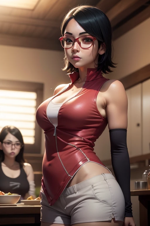 a beautiful young girl with short black hair, black eyes, and red glasses, 18 years old, with a clear complexion, a slim and curvy figure, wearing a shinobi outfit, shorts underneath, in the dining hall of the Shinobi Academy, 1girl, intricate details, beautifully detailed eyes, face and features, highly realistic, photorealistic, 8k, masterpiece, cinematic lighting, vibrant colors, soft focused background, detailed clothing, dynamic pose