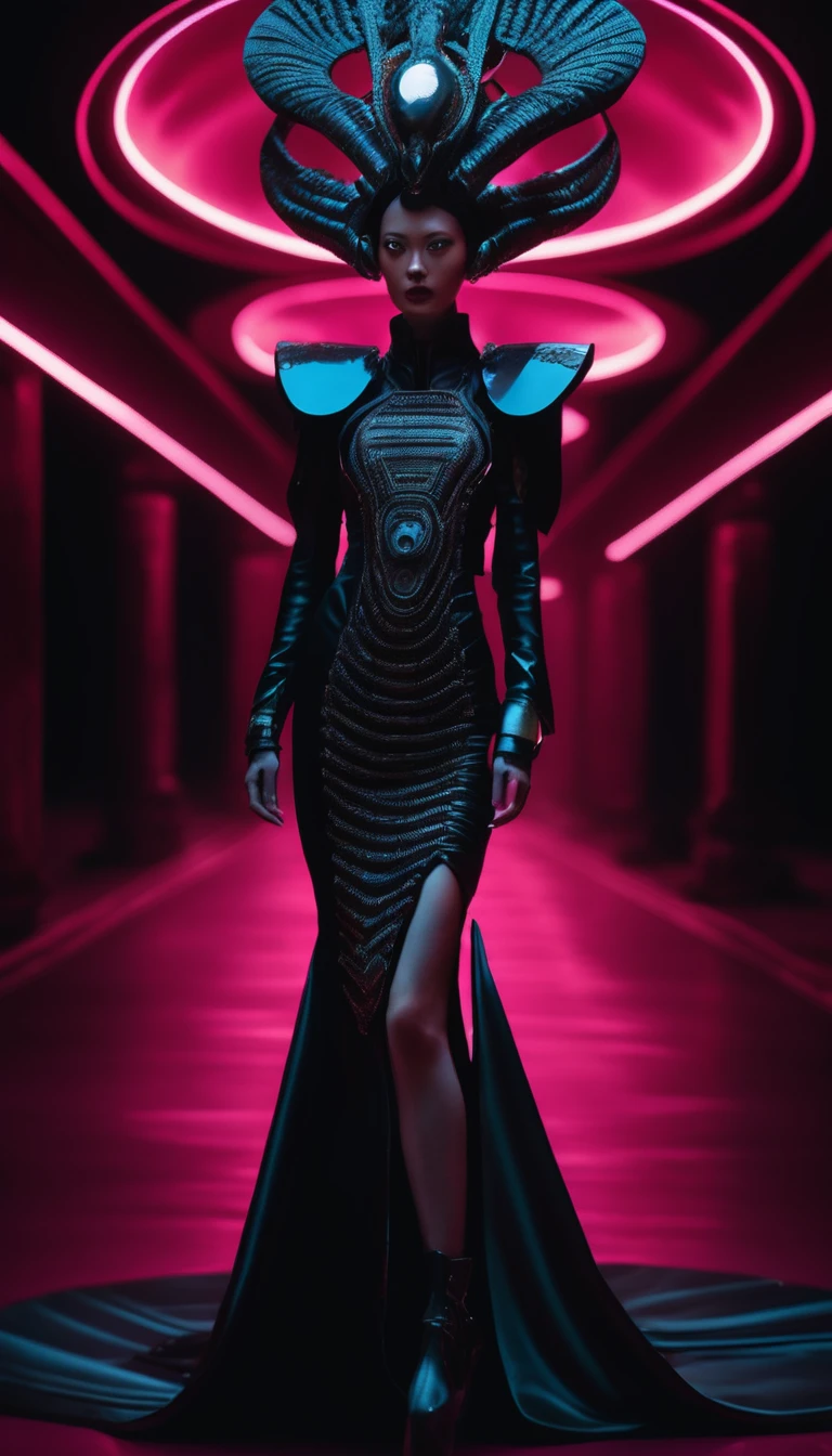 A fashion runway for alien technology , cyberpunk fashion photography , Inspired by Chinese Xianxia and dark gothic，The fallen gods of Greek mythology，(best qualityer,4K,8K,A high resolution,work of art:1.2), (realisitic,fotorrealisitic,fotorrealisitic:1.37).
