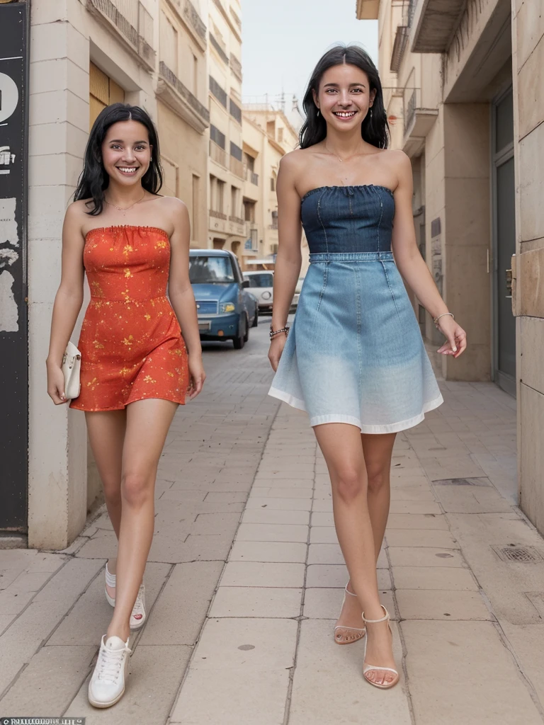 Location: Valencia, Spain Young woman black hair standing on sidewalk.
Clothes: Strapless Short Denim Dress.
accessories: Small white bag hanging on the left shoulder, watch on left wrist.
Footwear:White shoes.

The model is smiling spontaneously and naturally.

bottom: Characteristic red city bus and some people walking.