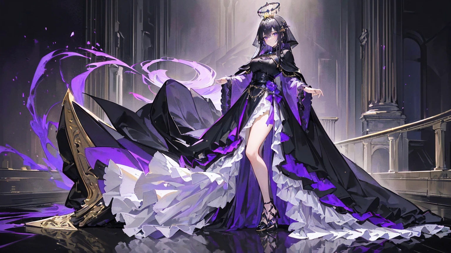 (Super detailed)),((illustration))，((masterpiece)),(((need))),((fine、Highest quality CG Unity 8K wallpapers，masterpiece），（（4K，masterpiece，best quality）），Black hair queen，Royal sister，Sexy，Tall figure，Lilac eyes，Standing upright in a coffin，Mature，Hair Bunch，Hair tied on both sides，Black and gold gauze robe，Black and purple French vintage clothing，Gorgeous pure black cape，Black veil，Purple-white halo，Black and purple high heels，Wearing a crown on the head，Holding a knight&#39;s sword，pyramid，Emitting dim purple light，Under the sea，Deep in the sea，The deep sea is filled with coffins，Mysterious symbols