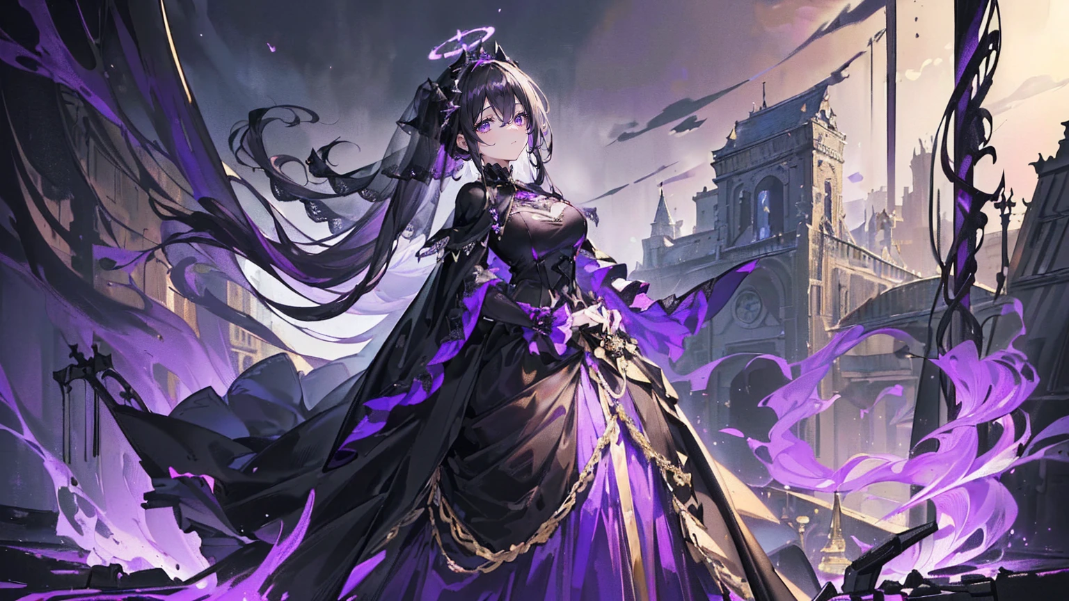 (Super detailed)),((illustration)),((masterpiece)),(((need))),((fine、Highest quality CG Unity 8K wallpapers,masterpiece),((4K,masterpiece,best quality)),Black hair queen,Royal sister,Sexy,Tall figure,Lilac eyes,Standing upright in a coffin,Mature,Hair Bunch,Hair tied on both sides,Black and gold gauze robe,Black and purple French vintage clothing,Gorgeous pure black cape,Black veil,Purple-white halo,Black and purple high heels,Wearing a crown on the head,Holding a knight's sword,pyramid,Emitting dim purple light,Under the sea,Deep in the sea,The deep sea is filled with coffins,Mysterious symbols