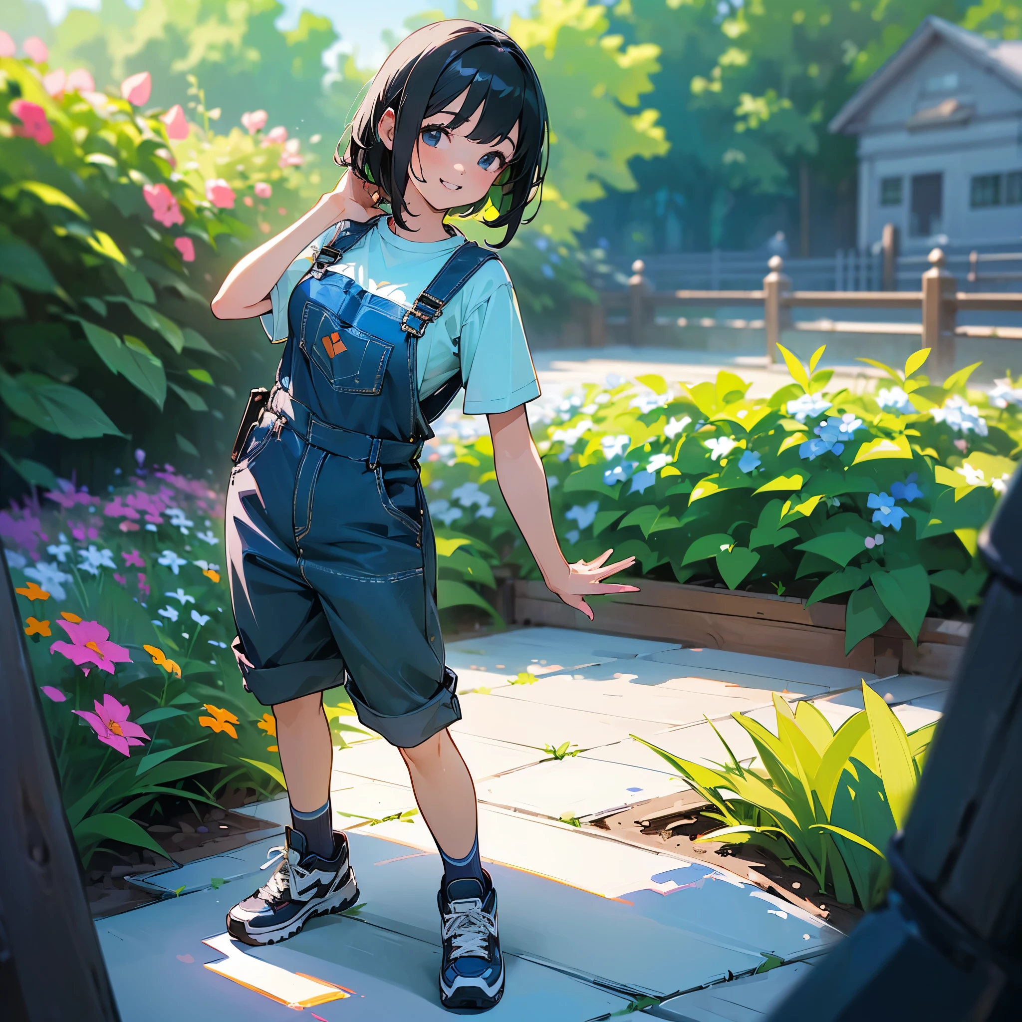 (high quality, High resolution, Very detailed, reality:1.37), Peaceful atmosphere, (Outdoor, garden), Teenage girl standing alone, (my breasts are big.), Beautiful details, Cute Smile, (Black bob hair), Short sleeve shirt, Overalls, Blue socks, sneakers.