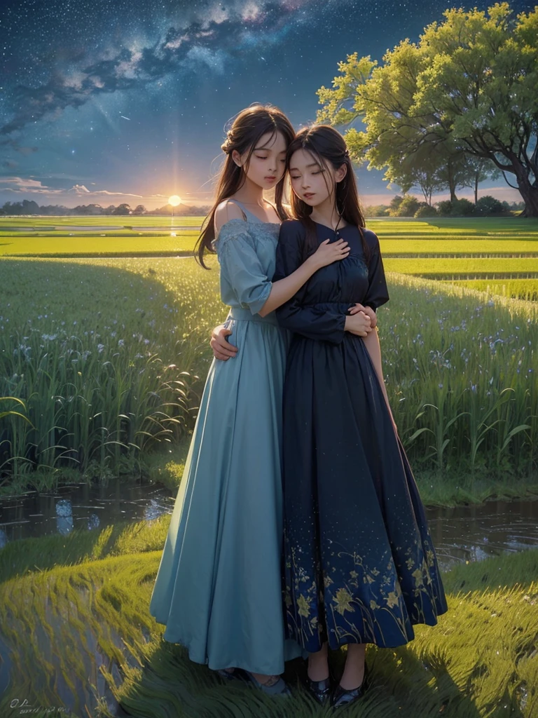 Best quality, 4k, 8k, high-level, masterpiece: 1.2, ultra detailed, realistic: 1.37, (Endless rice fields), a  ，double exposure，blue sky, dreamy atmosphere, bright color palettes, vibrant hues, Impressionist brushstrokes, subtle lighting effects ， sunset on the horizon, peaceful and serene atmosphere, harmony between nature and the sky, textured brushstrokes, rich and vibrant crops, dusk atmosphere, peaceful and pastoral rural scenery, The glowing stars illuminate the night, creating a peaceful and serene atmosphere, a serene and picturesque environment, inspired by Van Gogh's style and techniques. The sublime and atmospheric depiction, ethereal beauty, and mesmerizing celestial phenomena,