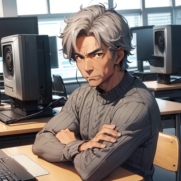 (master piece, best high quality image, very good detailed image, very good detailed character, very good detailed background, very detailed textures, carefully detailed and textures, character alone)
{{((1:character: 50 years old high school male proffessor, (tan skin, brown eyes, grey hair, menacing face, arms crossed), (blue sweater), (school computer room))}}