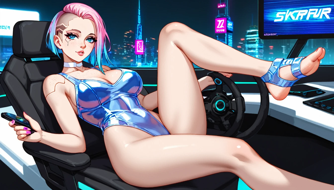 Create a digital anime-style image of a young woman with a modern, hair half top half light pink and half bottom light blue, hair cut side shaved head, eyes blue, lips atractive, beatiful fitness of her body. edgy appearance standing confidently in a dimly lit room with a cyberpunk aesthetic. The woman should tight small suit cyberpunk, sample legs and foot, legs open frontal bedroom, styled hair with vibrant colors, The room cyber high details. cute nose, seductive,white choker, pink lips, freckles, large breasts, pretty girl