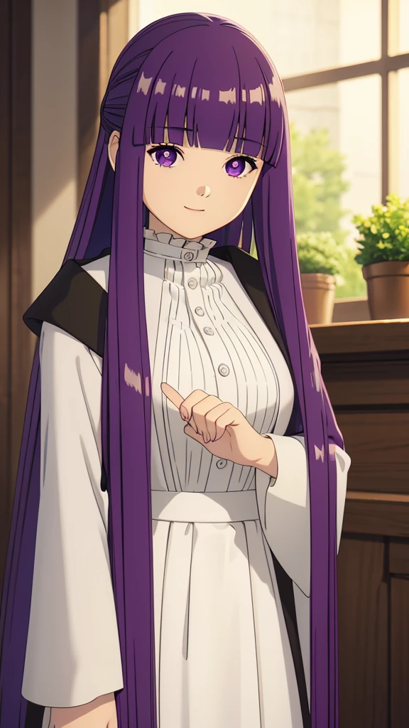 è²ä¼¦,1girl,solo,purple hair,long hair,purple eyes,blunt bangs,sidelocks,half updo,bright pupils, hair ornament,frilled collar,black robe,white dress,center frills,buttons,wide sleeves,long sleeves,curvy,cowboy shot,brown coat,from side,smile,, Exquisite visuals, high-definition,masterpiece,best quality,, 20yo,Young female,Beautiful Finger,Beautiful long legs,Beautiful body,Beautiful Nose,Beautiful character design, perfect eyes, perfect face,expressive eyes, looking at viewer, official art,extremely detailed CG unity 8k wallpaper, perfect lighting,Colorful, Bright_Front_face_Lighting,shiny skin, (masterpiece:1.0),(best_quality:1.0), ultra high res,4K,ultra-detailed, photography, 8K, HDR, highres, absurdres:1.2, Kodak portra 400, film grain, blurry background, bokeh:1.2, lens flare, (vibrant_color:1.2), (beautiful_face:1.5),(narrow_waist), 