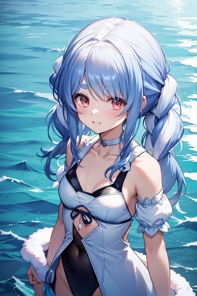 Swimwear、Concept Art、masterpiece、Grin、Upper Body、high resolution、Playing in the sea、Shot from above